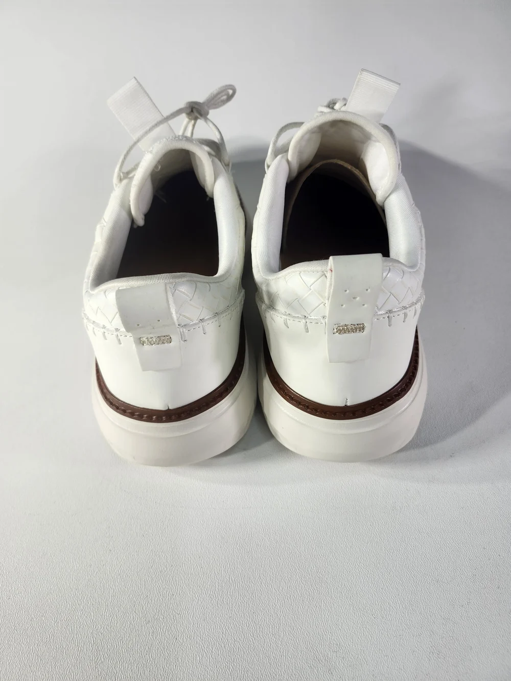 White Men’s Woven Leather Sneakers with Brown Trim